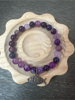 Purple Agate Beaded Bracelet with JESUS Fish Charm - Women Jewelry